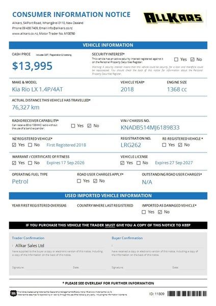 2018 Kia Rio LX 1.4P/4AT